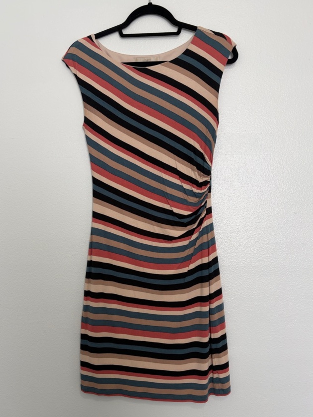 LOFT Striped Ruched Side Knee-Length Dress | Size Small | Multicolor Stretch